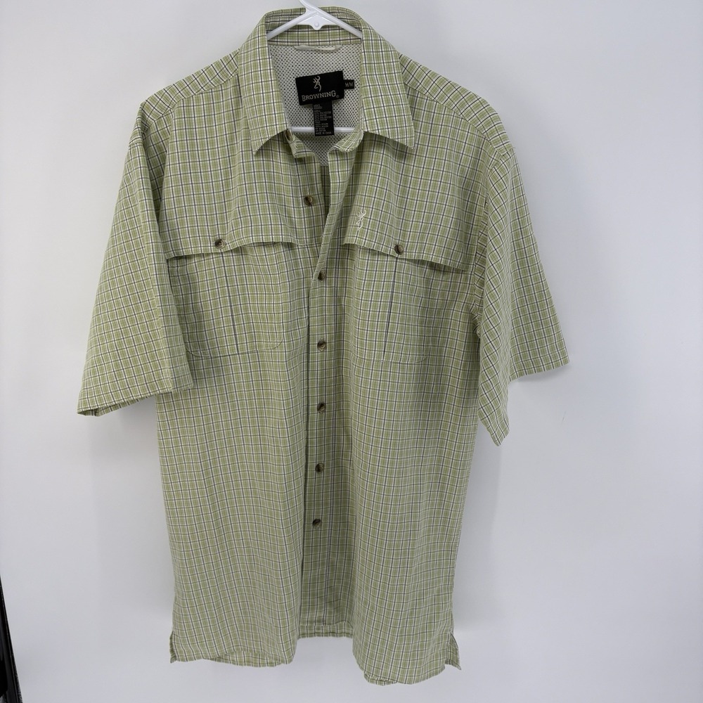 Browning Outdoor Fishing Shirt Men M Green Plaid Ventilated Active Utility